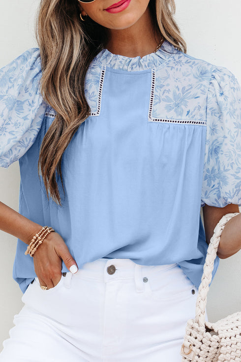 Lace Detail Patchwork Floral Print Puff Sleeve Blouse