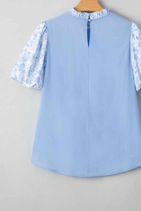 Lace Detail Patchwork Floral Print Puff Sleeve Blouse
