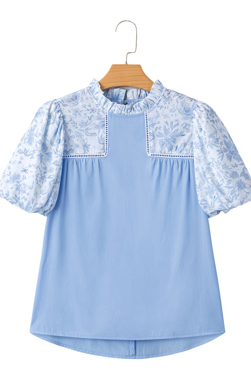 Lace Detail Patchwork Floral Print Puff Sleeve Blouse