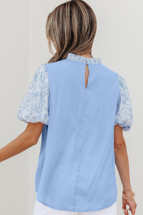 Lace Detail Patchwork Floral Print Puff Sleeve Blouse