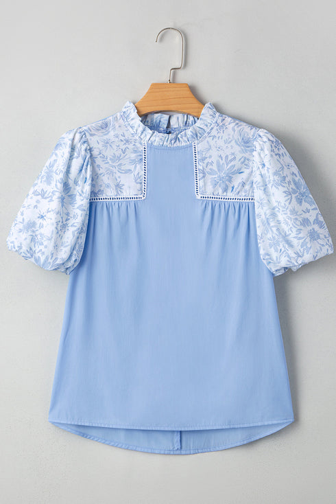 Lace Detail Patchwork Floral Print Puff Sleeve Blouse