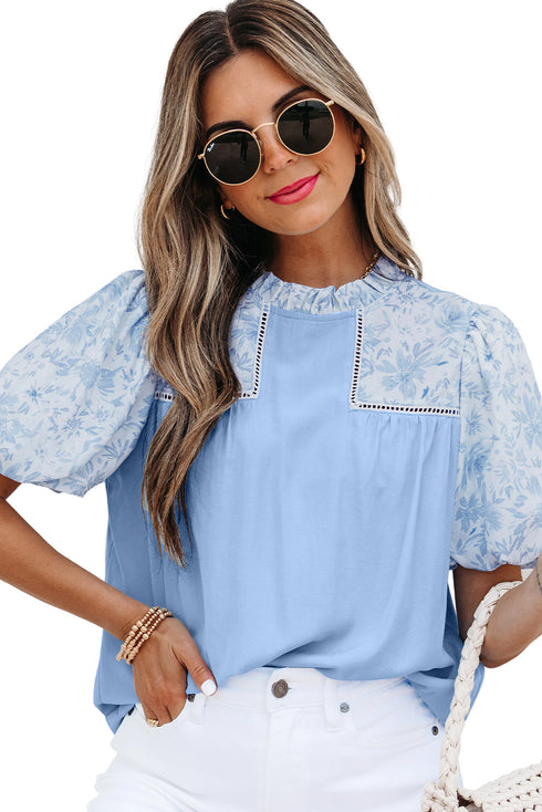 Lace Detail Patchwork Floral Print Puff Sleeve Blouse