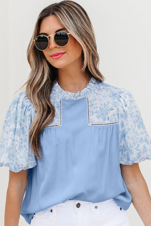 Lace Detail Patchwork Floral Print Puff Sleeve Blouse