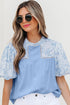 Lace Detail Patchwork Floral Print Puff Sleeve Blouse