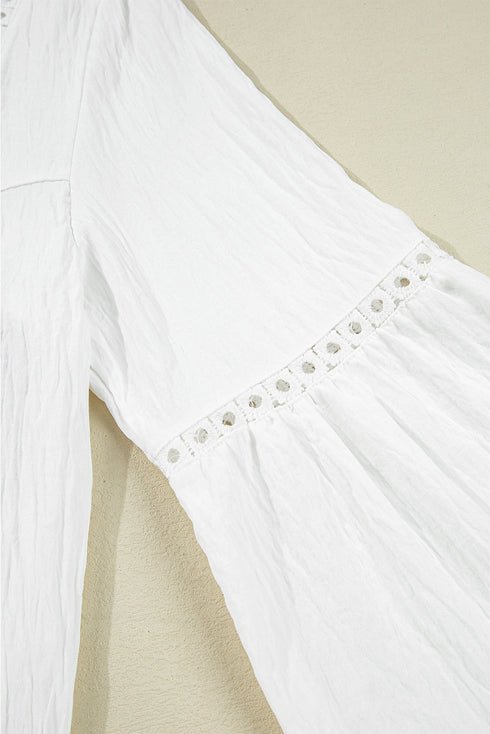 Lace Detail Puff Sleeve Split Neck Drawstring Blouse
