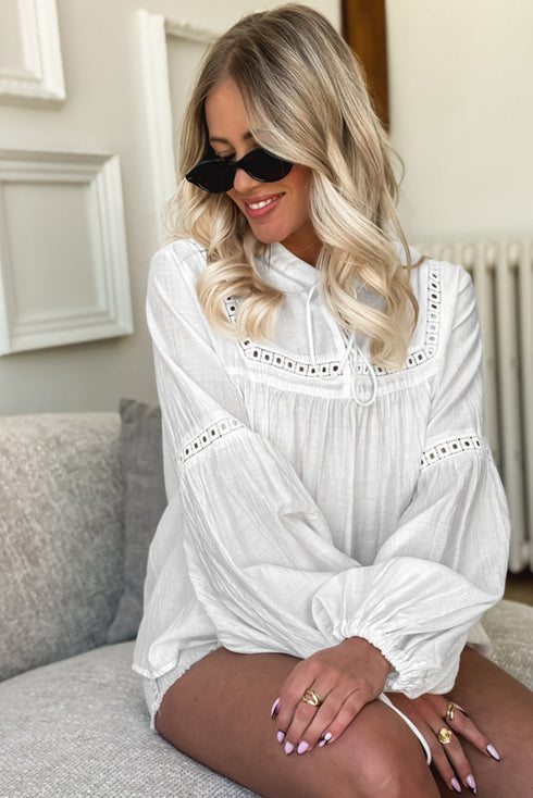 Lace Detail Puff Sleeve Split Neck Drawstring Blouse
