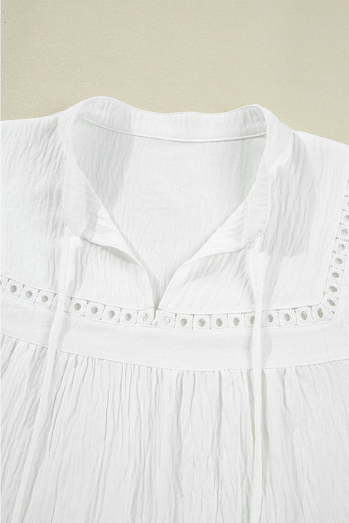 Lace Detail Puff Sleeve Split Neck Drawstring Blouse