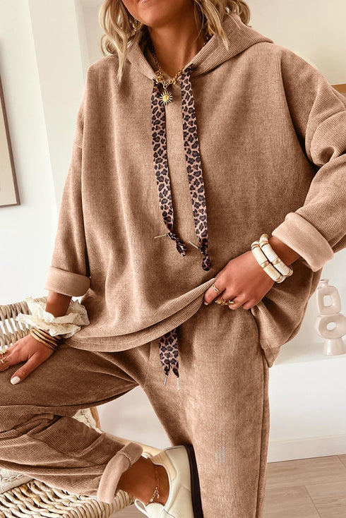 Lace Drawstring Hooded Pullover Textured Corduroy High Waist Pant Sets