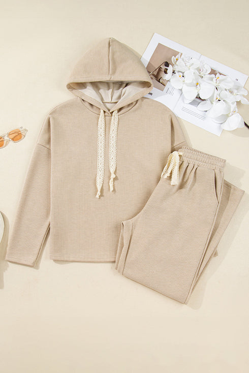 Lace Drawstring Hooded Pullover Textured Corduroy High Waist Pant Sets