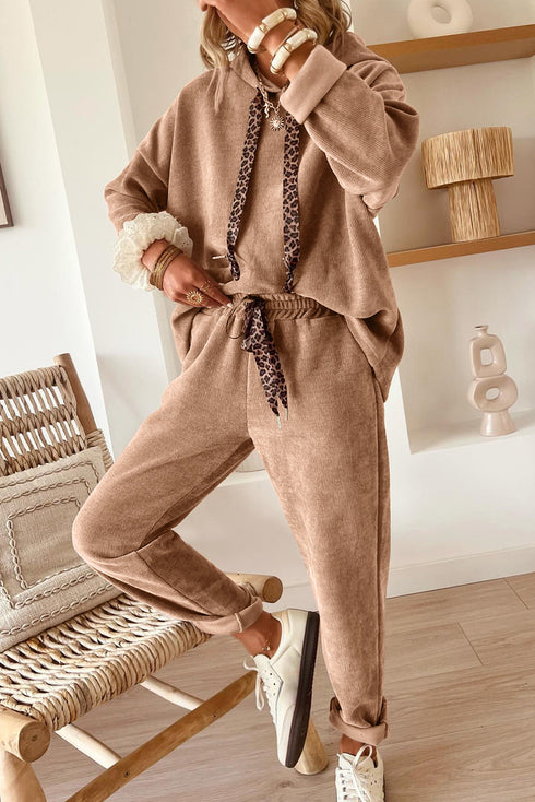 Lace Drawstring Hooded Pullover Textured Corduroy High Waist Pant Sets