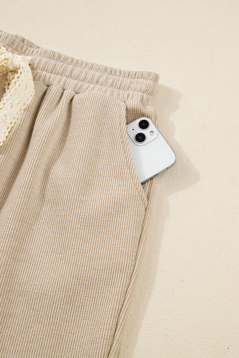 Lace Drawstring Hooded Pullover Textured Corduroy High Waist Pant Sets