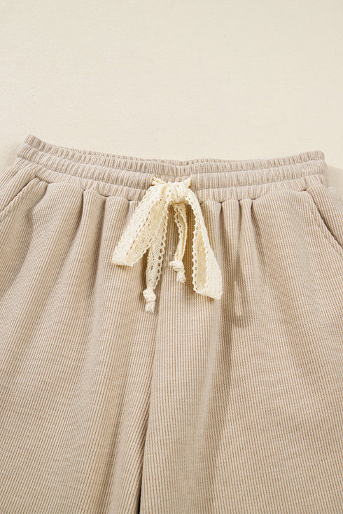 Lace Drawstring Hooded Pullover Textured Corduroy High Waist Pant Sets