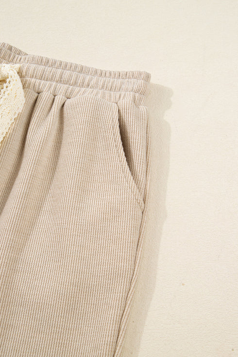 Lace Drawstring Hooded Pullover Textured Corduroy High Waist Pant Sets