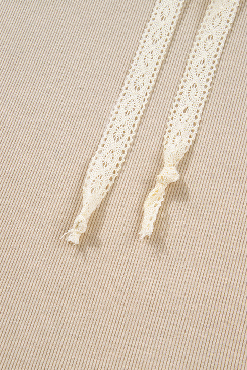 Lace Drawstring Hooded Pullover Textured Corduroy High Waist Pant Sets