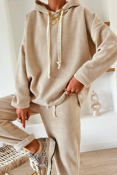 Lace Drawstring Hooded Pullover Textured Corduroy High Waist Pant Sets