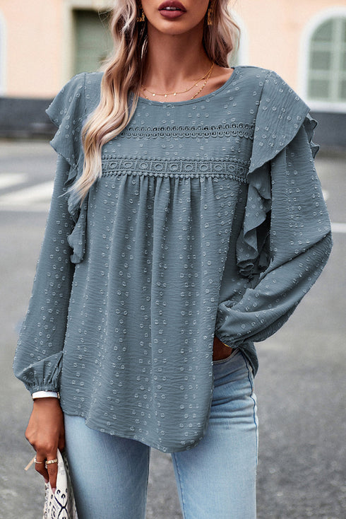 Lace Eyelet Ruffle Shoulder Long Sleeve Blouse