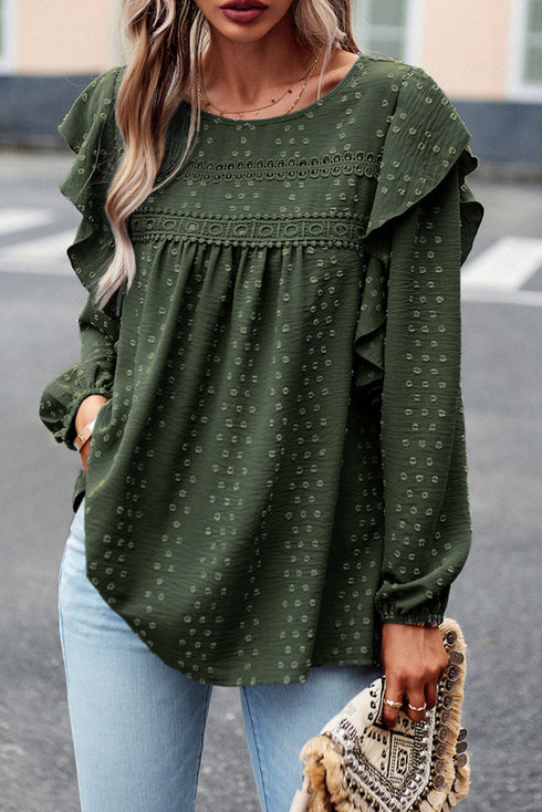 Lace Eyelet Ruffle Shoulder Long Sleeve Blouse