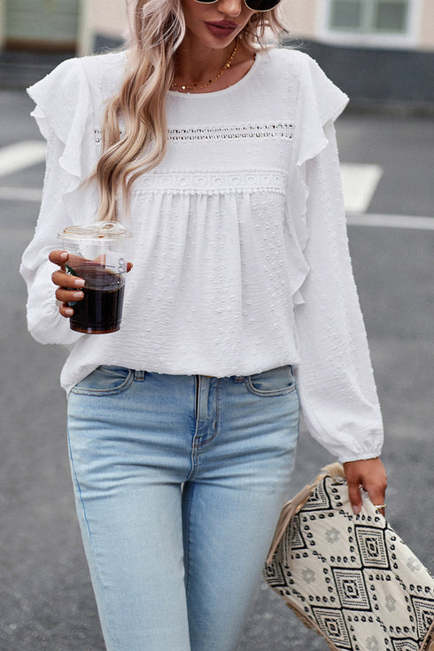 Lace Eyelet Ruffle Shoulder Long Sleeve Blouse