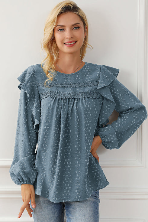 Lace Eyelet Ruffle Shoulder Long Sleeve Blouse
