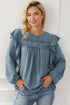 Lace Eyelet Ruffle Shoulder Long Sleeve Blouse