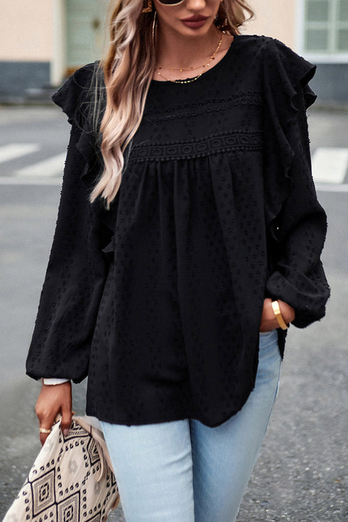 Lace Eyelet Ruffle Shoulder Long Sleeve Blouse