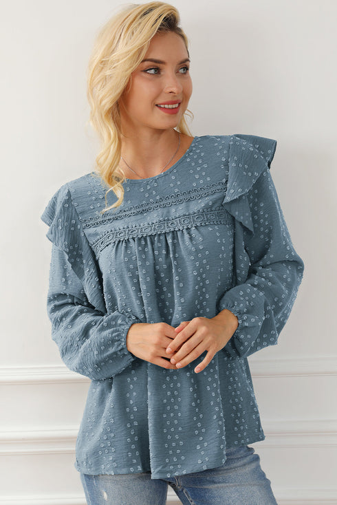 Lace Eyelet Ruffle Shoulder Long Sleeve Blouse