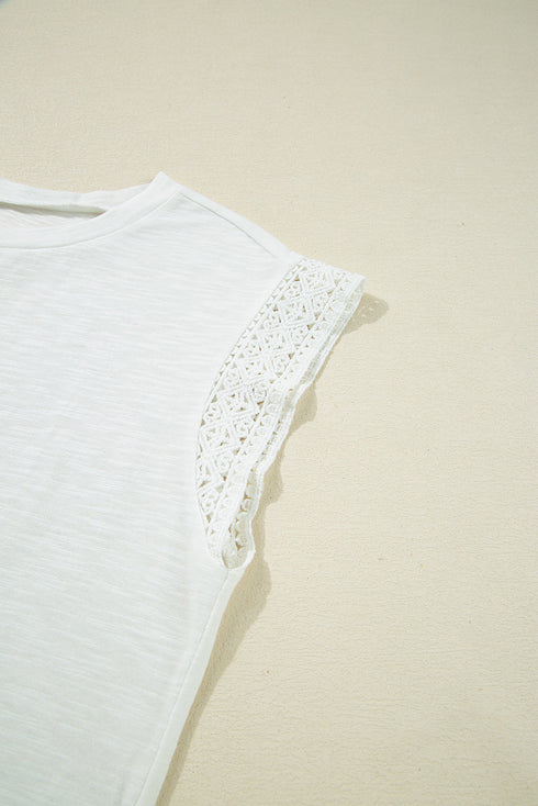 Lace Patchwork Cap Sleeve Round Neck Detail Tee