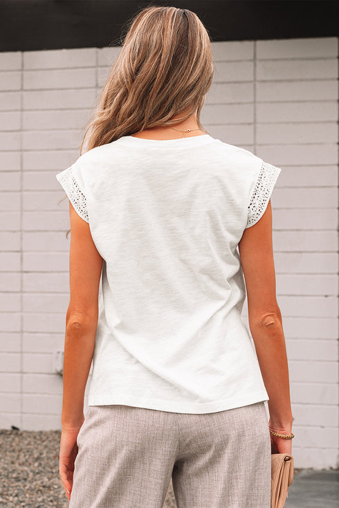 Lace Patchwork Cap Sleeve Round Neck Detail Tee