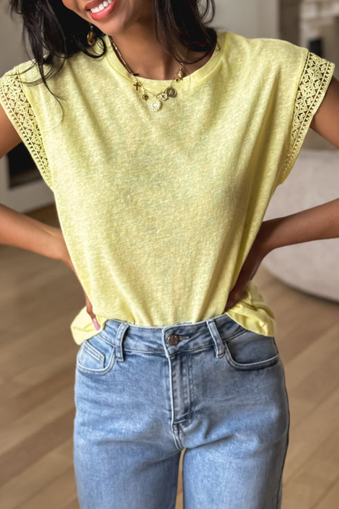 Lace Patchwork Cap Sleeve Round Neck Detail Tee