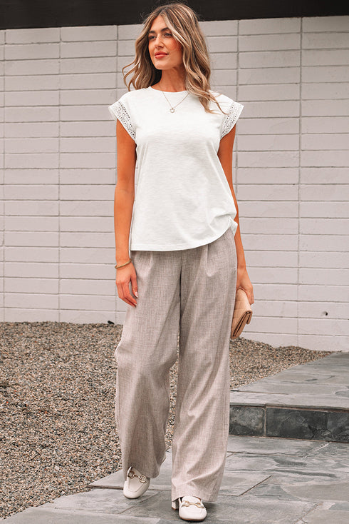 Lace Patchwork Cap Sleeve Round Neck Detail Tee