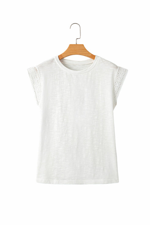 Lace Patchwork Cap Sleeve Round Neck Detail Tee