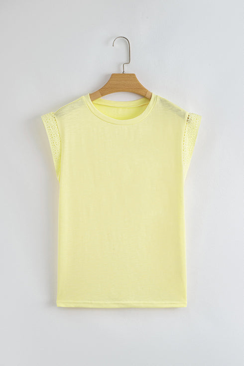 Lace Patchwork Cap Sleeve Round Neck Detail Tee