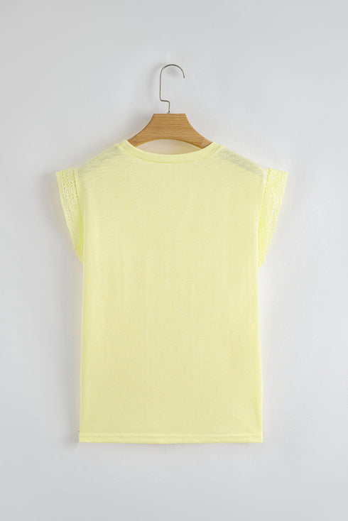 Lace Patchwork Cap Sleeve Round Neck Detail Tee