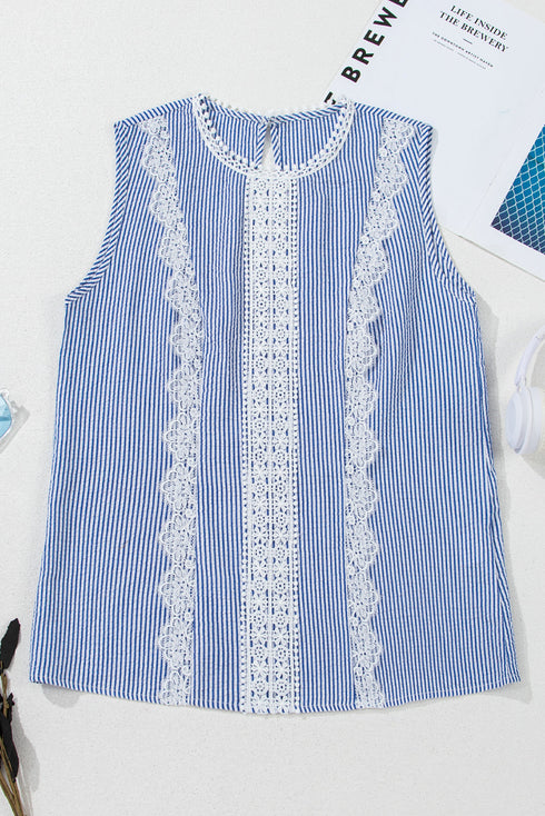 Lace Patchwork Detailed Stripe Print Crew Neck Tank Top