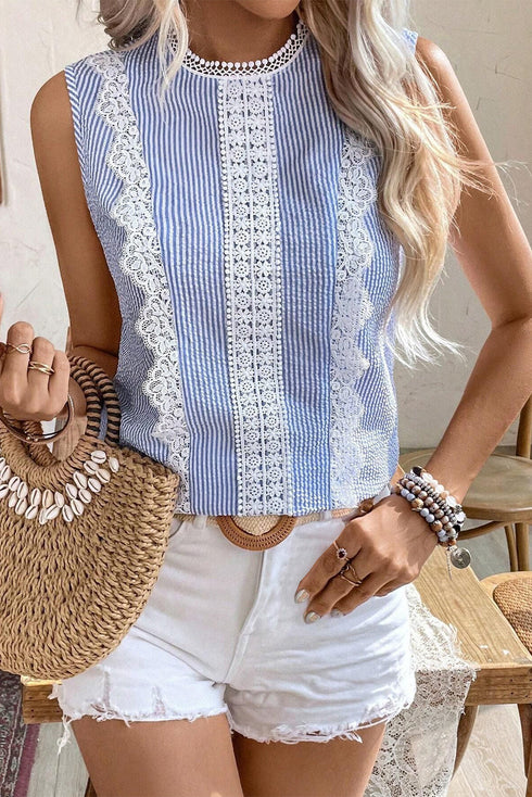 Lace Patchwork Detailed Stripe Print Crew Neck Tank Top
