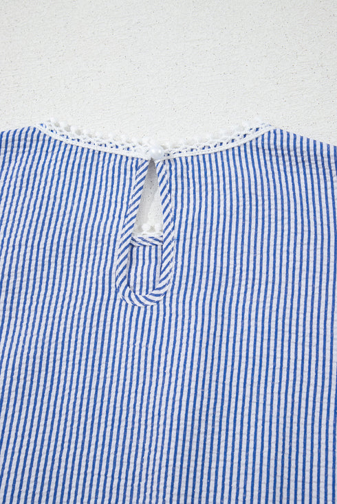 Lace Patchwork Detailed Stripe Print Crew Neck Tank Top