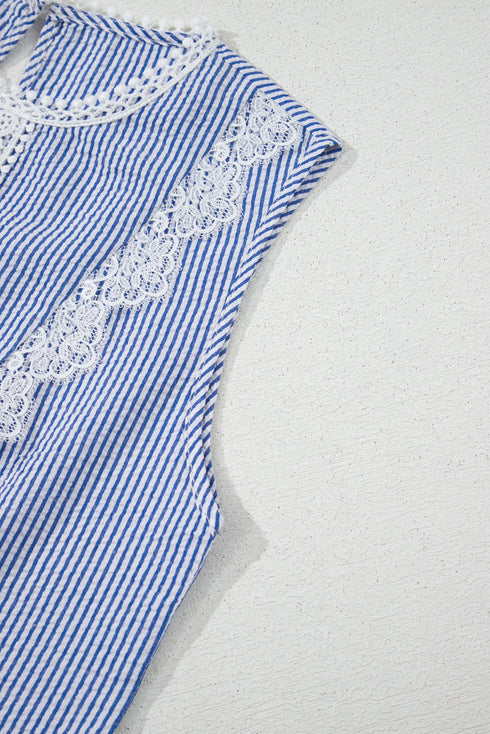 Lace Patchwork Detailed Stripe Print Crew Neck Tank Top