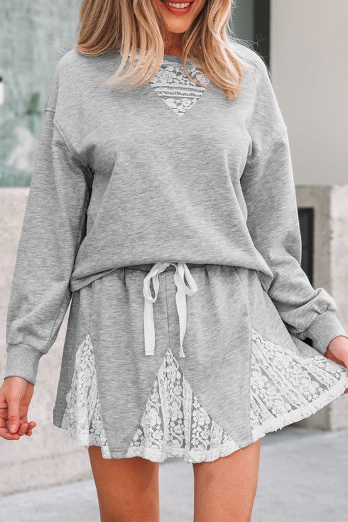 Lace Patchwork Drop Shoulder Drawstring Two Piece Dresses