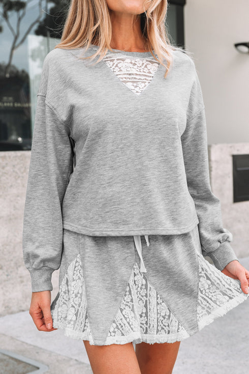 Lace Patchwork Drop Shoulder Drawstring Two Piece Dresses