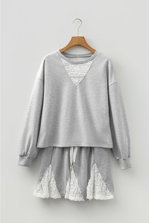 Lace Patchwork Drop Shoulder Drawstring Two Piece Dresses