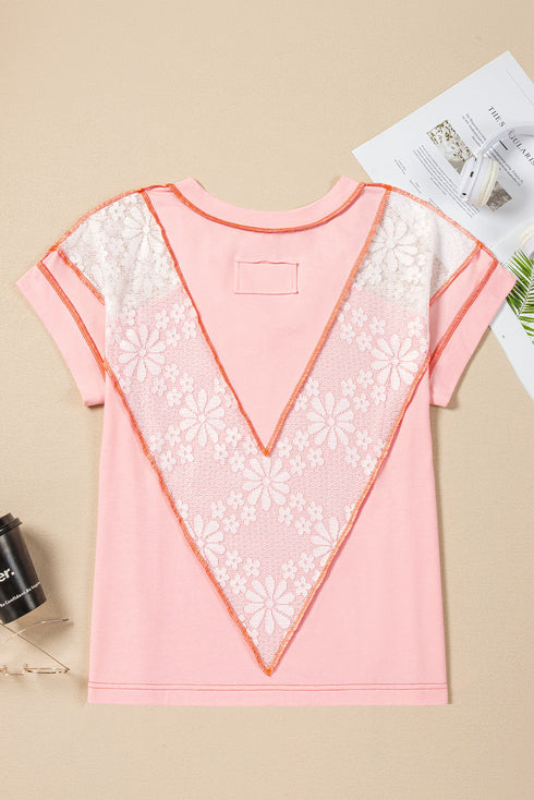 Lace Patchwork Exposed Seam V Neck Tee