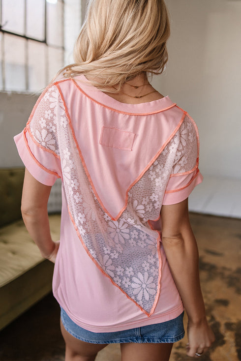 Lace Patchwork Exposed Seam V Neck Tee