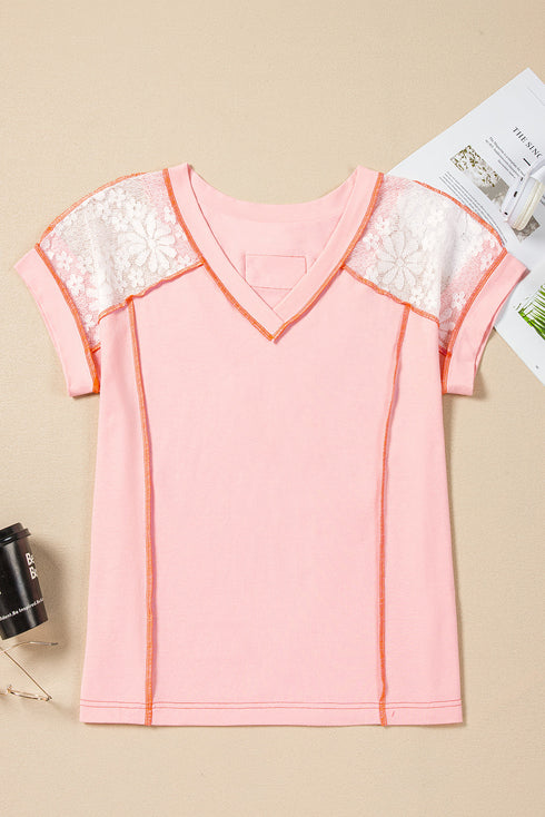 Lace Patchwork Exposed Seam V Neck Tee