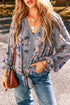 Lace Patchwork Floral Print Knot Front V Neck Blouse