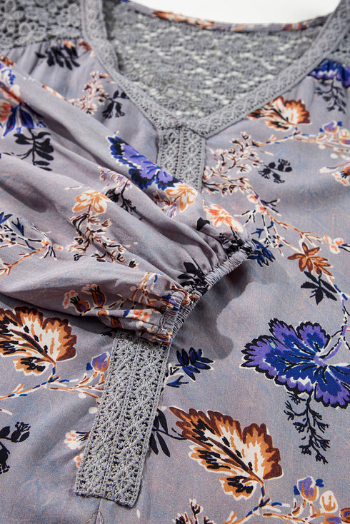 Lace Patchwork Floral Print Knot Front V Neck Blouse