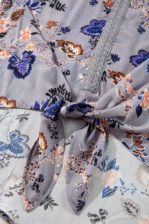 Lace Patchwork Floral Print Knot Front V Neck Blouse