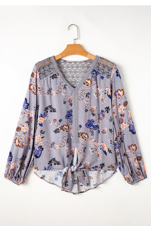 Lace Patchwork Floral Print Knot Front V Neck Blouse
