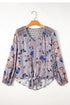 Lace Patchwork Floral Print Knot Front V Neck Blouse