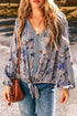 Lace Patchwork Floral Print Knot Front V Neck Blouse