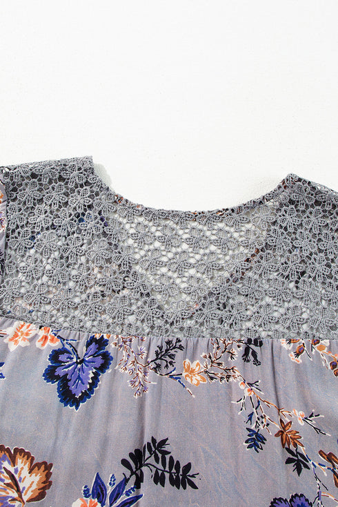 Lace Patchwork Floral Print Knot Front V Neck Blouse